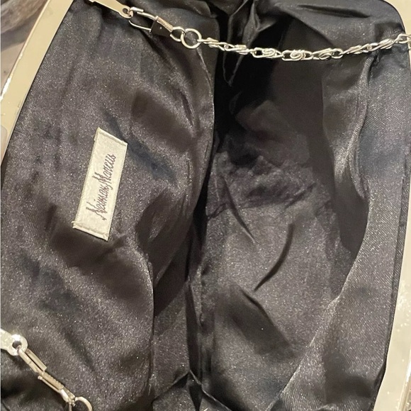 Vintage Neiman Marcus Black Silk Clutch Purse Silver Chain & Rhinestone Clasp - Picture 7 of 11